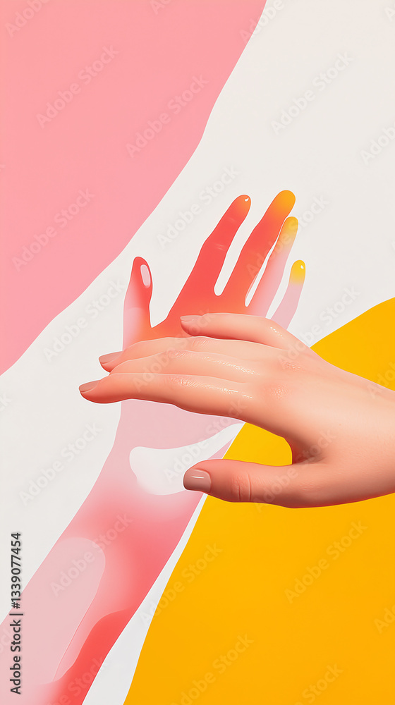 Poster artistic hand shadow play: an elegant hand casts a vibrant shadow against a backdrop of colorful abs