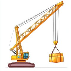 Yellow Construction Crane Lifting Package on White Background