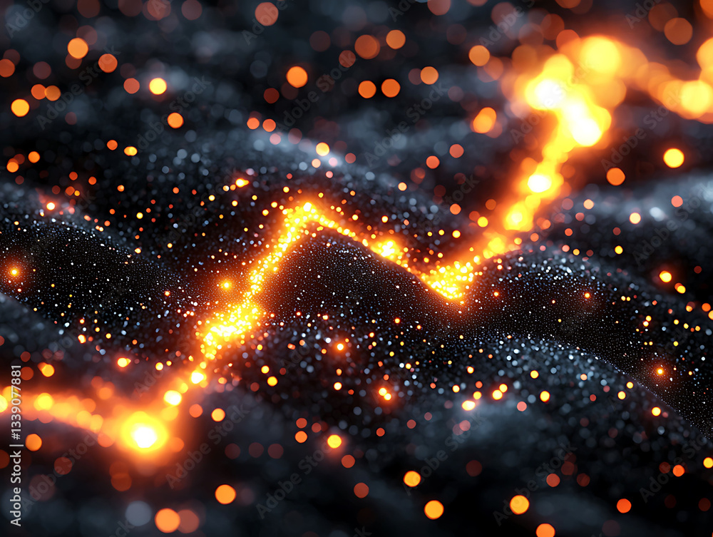 Poster abstract glowing particles forming a dynamic path across a dark, textured surface. ideal for technol