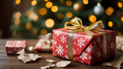 Festive Treasures: A close-up of beautifully wrapped gifts and ornaments under a Christmas tree, creating an atmosphere of anticipation and joy. 