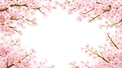 Fototapeta premium Delicate Cherry Blossom Frame with Pink Flowers and Branches on White Background, Ideal for Creative Design