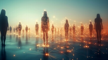 Connected Humanity: Diverse People Linked by Glowing Threads of Light – Symbolizing Unity, Society, and Interdependence in a Vast Open Space. Generative AI 