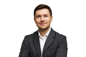Business professional poses confidently in a formal suit against a white background