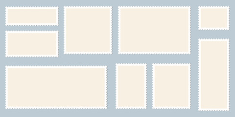 Set of blank postage stamp. Rectangle square post stamps template. Simple paper perforated frames. Empty postal label isolated.