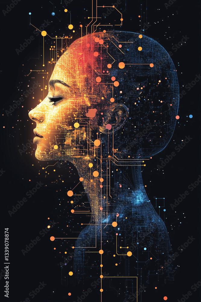 Poster digital mind: an artistic depiction of a woman's profile overlaid with a network of glowing circuits