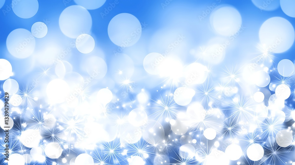 Poster soft blue background with sparkling light bokeh and radiant glimmers for creative use in design proj