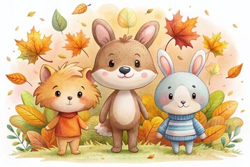 Cute Animal Friends in Autumn Leaves: Whimsical Children's Illustration