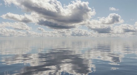 Fototapeta premium Peaceful seascape with fluffy clouds reflecting on calm water