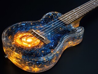 A visually striking guitar that is designed to look like the cosmos, with stars and a swirling galaxy effect embedded in its clear body.
