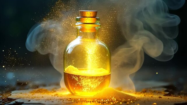 Glowing Potion in Glass Bottle, Mystical Elixir, Fantasy Scene