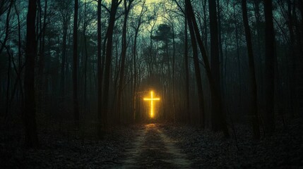 Obraz premium Luminous Cross in a Dark Forest