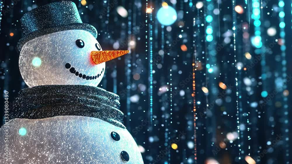 Poster snowman adorned with falling stars in a winter wonderland of data processing and technology, stars f