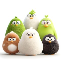 Five Fluffy Cartoon Birds in Green, White, and Brown on White Background