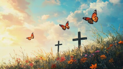 Tranquil Sunrise with Crosses and Butterflies