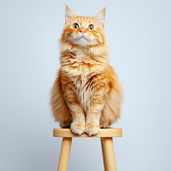 Fluffy Ginger Maine Coon Cat Sitting on Wooden Stool