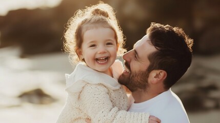 Obraz premium Father holding little daughter at beach in playful moment portrait image. Dad girl. Carefree childhood, family vacation photography human scene. Single dad concept photo-realistic