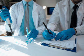 Two scientists in laboratory coats and gloves are conducting experiments with pipette and petri...