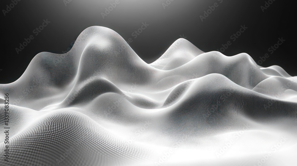 Poster abstract grayscale landscape of undulating hills and valleys, digitally rendered.