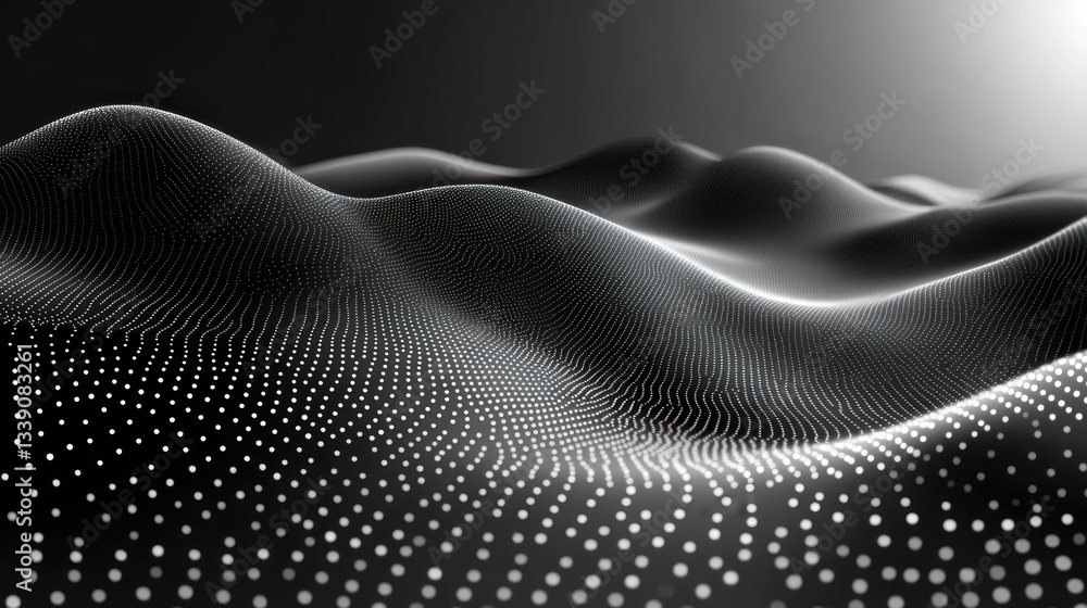 Poster abstract grayscale landscape of undulating points, creating a wave-like pattern.