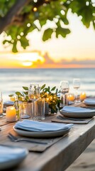 Summer eco-friendly beach lifestyle, eco-friendly beach lifestyle in summer, sustainable summer eco-friendly beach lifestyle. Elegant beach dining at sunset by the ocean.
