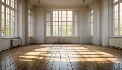 Obraz premium A large room with white walls and windows on two sides.