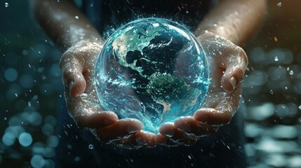 Fototapeta premium Hands Holding Glass Globe with Earth and Water in the Background