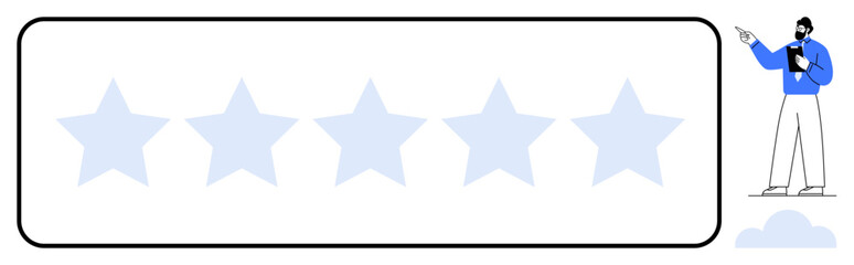 Five faded stars in a row with a person in a suit pointing toward them, emphasizing ratings or performance. Ideal for review, quality, feedback, business, evaluation, achievement success. Flat