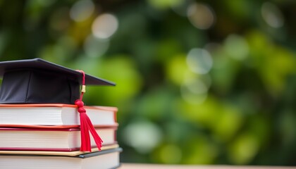 graduation cap, stack of books, red tassel, bokeh background, shallow depth of field, education symbol, academic achievement