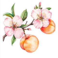 Watercolor illustartion of peaches with pink blossoms. Hand drawn clip art for wedding card, greeting card