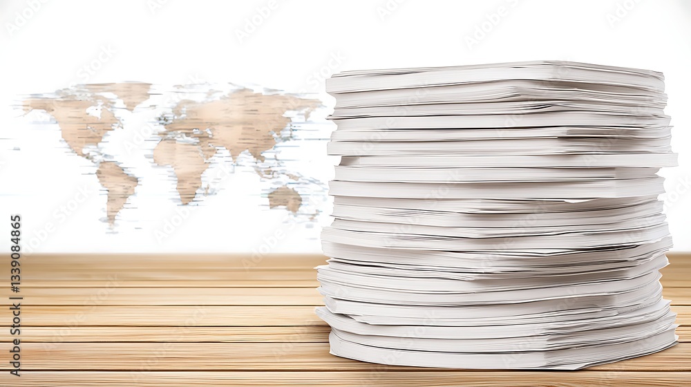 Aufkleber pile of papers and world map background symbolizing global business and documentation in office envi