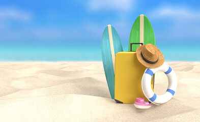 Beach Vacation Essentials with Surfboards and Suitcase on Sandy Shore