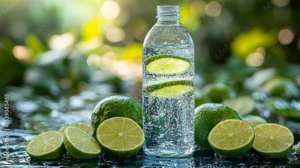 Poster A bottle of sparkling water filled with lime slices is placed among fresh limes on a shiny surface. Sunlight filters through greenery, enhancing the refreshing atmosphere.