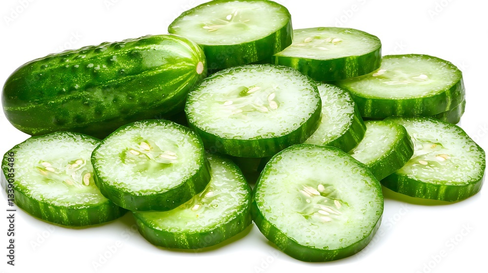 Poster fresh cucumbers on white background with slices displaying juicy green texture and seeds