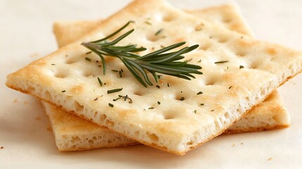 Crisp crackers with fresh rosemary and herbs on a light background for culinary themes and food photography