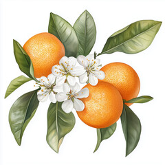 Oranges and blossoms, mandarines watercolor illustration fot greeting cards, wedding cards design, branding. Citrus.