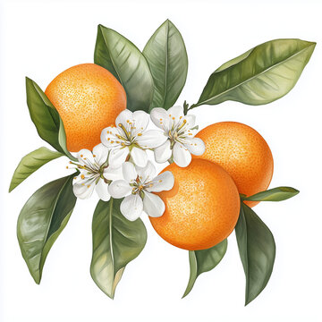Oranges and blossoms, mandarines watercolor illustration fot greeting cards, wedding cards design, branding. Citrus.