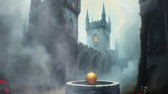 Mysterious Gothic castle in the fog with towers, dark ivy-covered walls and a golden ball on an old stone fountain