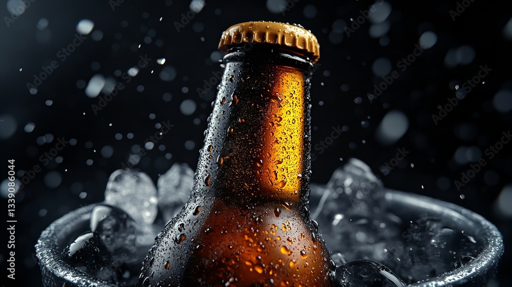 Poster beer bottle is surrounded by ice cubes and water droplets, set against a dark background with bokeh 