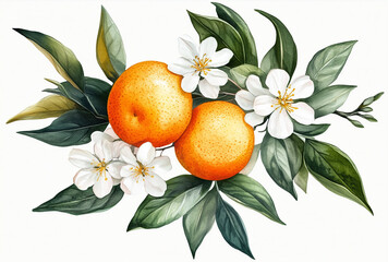 Oranges and blossoms, mandarines watercolor illustration fot greeting cards, wedding cards design, branding. Citrus.