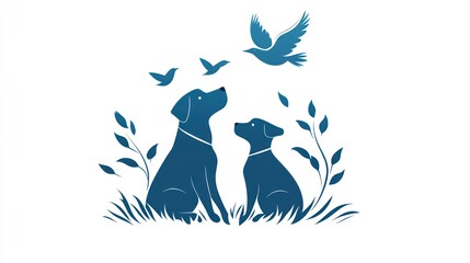 Two dogs, birds, peaceful garden, remembrance pet loss