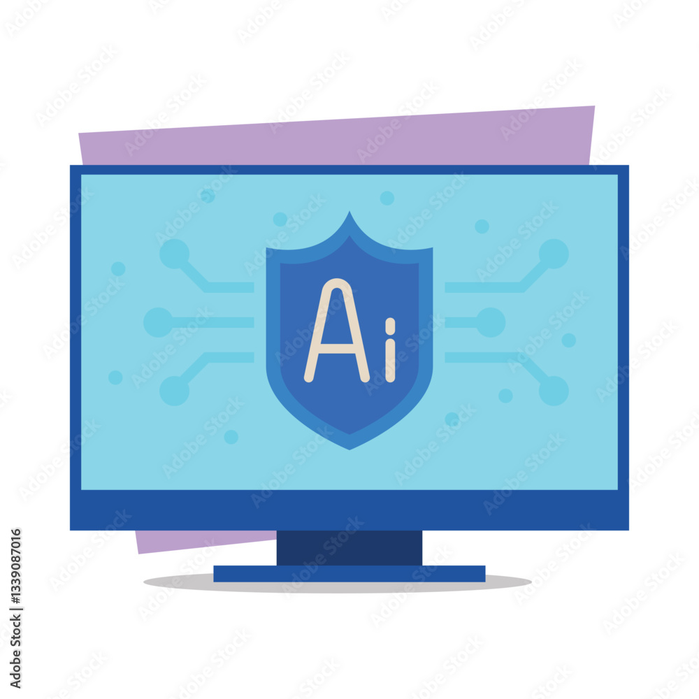 Poster vibrant illustration of computer monitor displaying shield with letters ai. artificial intelligence 
