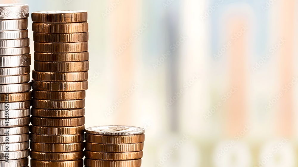 Poster stacks of coins in various colors representing wealth and financial growth in a soft background