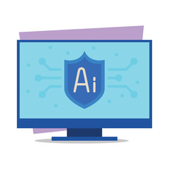 Vibrant illustration of computer monitor displaying shield with letters Ai. Artificial intelligence and its role in cybersecurity concept