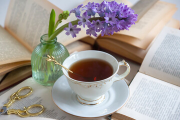 Easter still life with painted eggs and hyacinth.