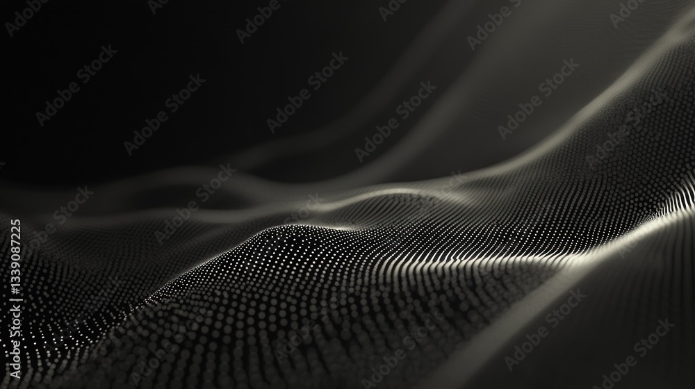 Fototapete abstract grayscale wave of particles, flowing digital data visualization.