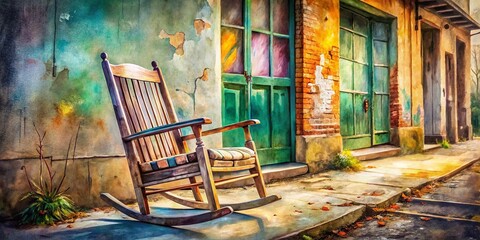Watercolor Rocking Chair, Urban Exploration, Warmth, Nostalgia, Vintage