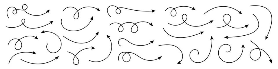 Collection of curved hand drawn arrows. Set of hand drawn arrows.