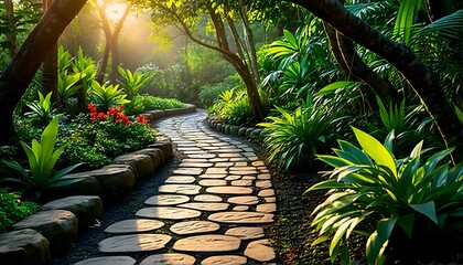 Obraz premium A serene pathway through a lush garden.