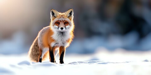 Fototapeta premium Red fox standing in fresh snow during winter sunrise, soft natural lighting creates magical atmosphere with blurred background. Wildlife photography panoramic format.