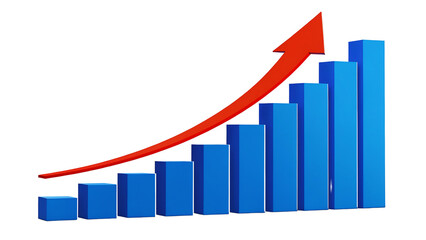3D Blue Bar Chart with Red Growth Arrow Business Success, Financial Growth, Data Visualization